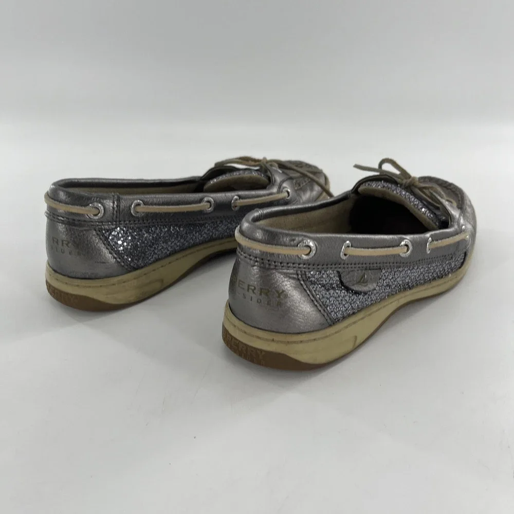 Sperry Angelfish Top-Sider Women 9 Silver Leather Shimmer Boat Shoe Preppy Deck‎